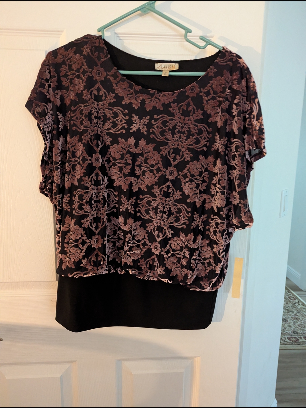 Lavish Black Blouse with Mauve Floral Velvet Burnout Overlay